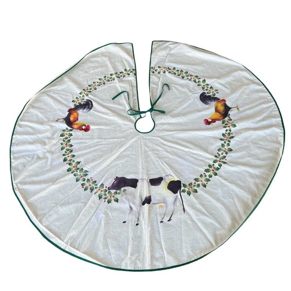 Handpainted Country Farm Christmas Tree Skirt Cow Rooster Holly Berries 54”